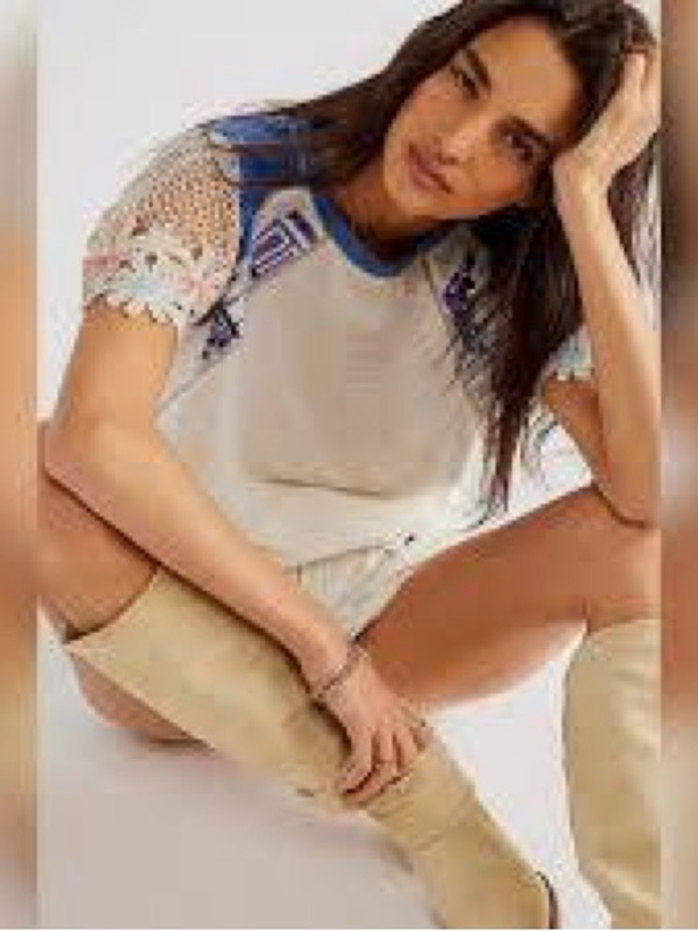 Nwot Free People As If Tee with Blue Trim and Crochet Sleeves